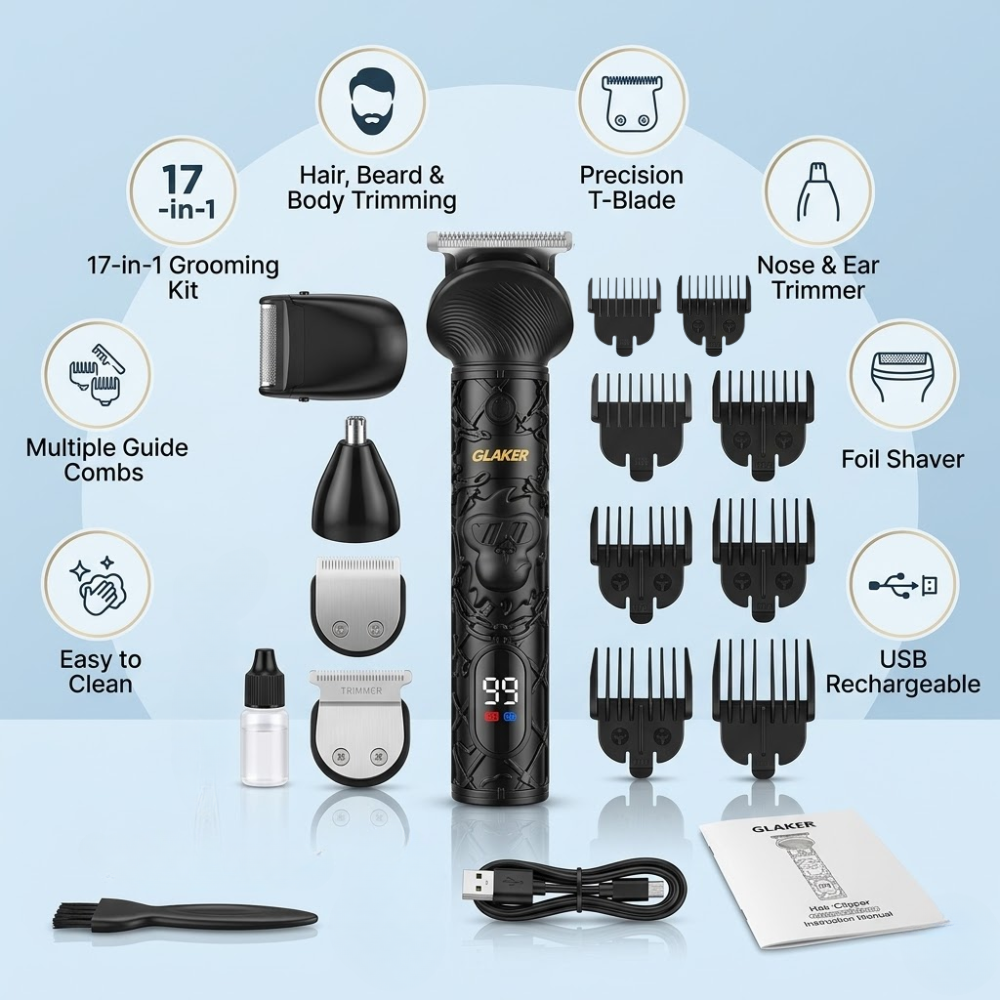GLAKER Professional All-in-One Hair Clipper & Beard Trimmer Kit (Lot Imported)
