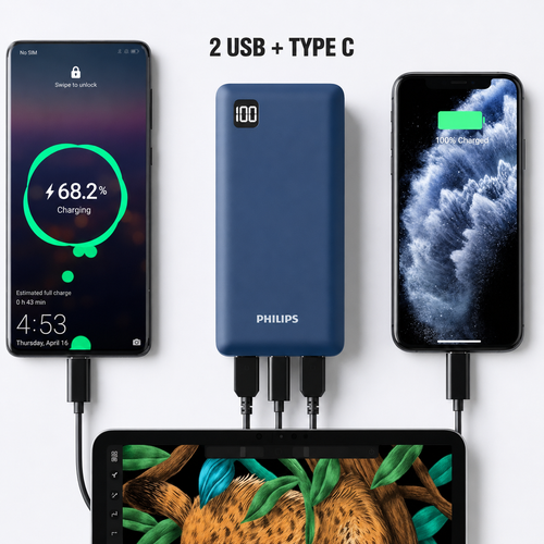 Philips 20000mAh 22.5W USB and Type-C PD Power Bank with Three Output Led Indicator